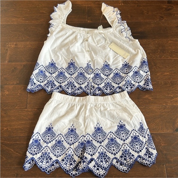 Anthropologie Seashell Embroidered Pajama Set Two-Piece by Calypso Cotton Short - Picture 1 of 16